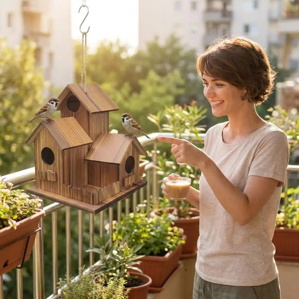 Woman on a balcony with a wooden birdhouse and birds, holding a cup.