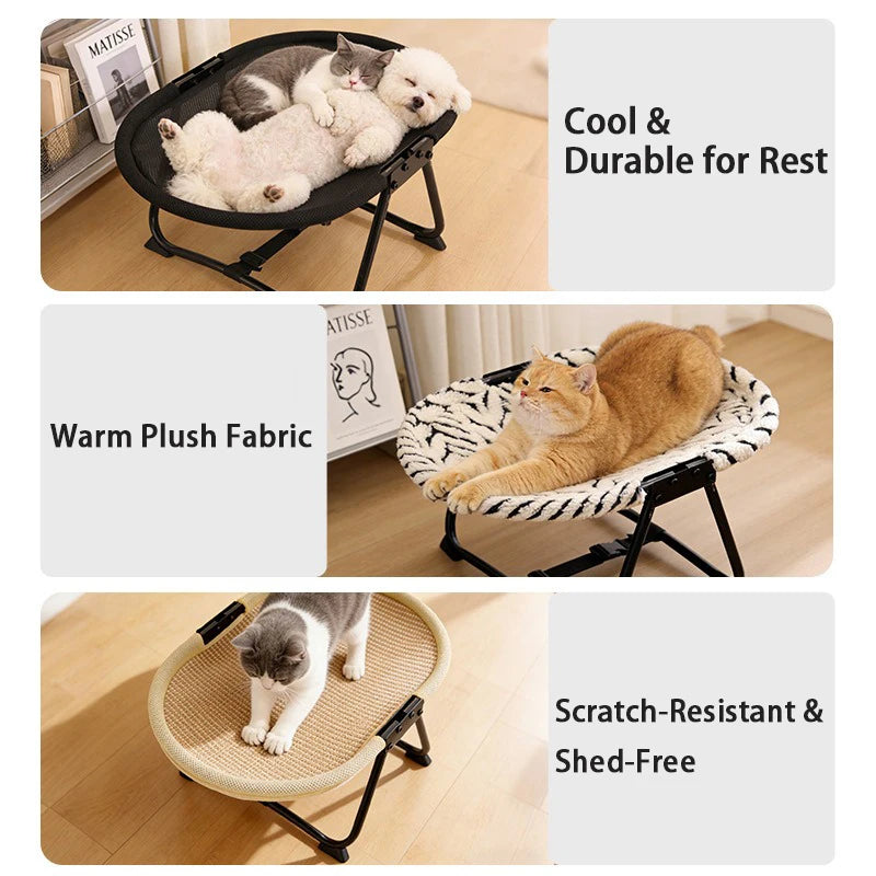 Pet loungers with cats and dogs on a wooden floor, featuring text about material and features.