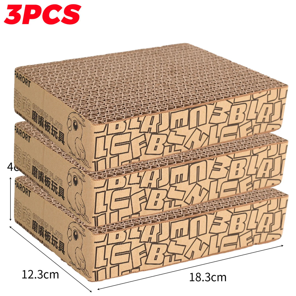 Three cardboard cat scratchers stacked on top of each other with dimensions displayed.