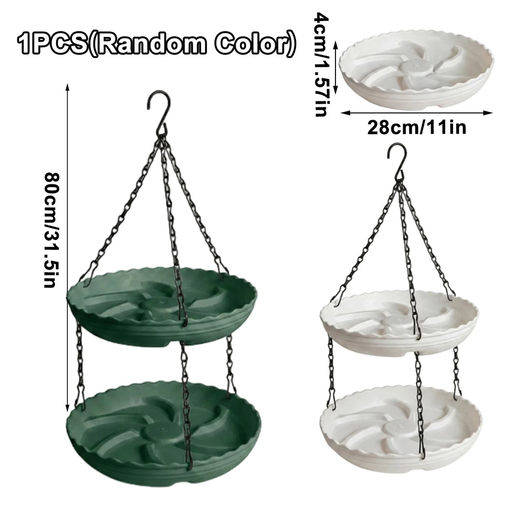 Two hanging two-tier plant saucers shown on a white background with dimension callouts. One saucer is dark green and one is white, both suspended by black chains from a hook.