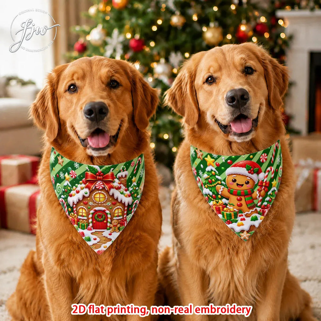 Two golden retriever dogs wearing matching Christmas-themed bandanas, posed in front of a decorated Christmas tree and wrapped gifts. A script logo for 'Bravo' is visible in the top left corner, and a red text overlay at the bottom reads '2D flat printing, non-real embroidery'.