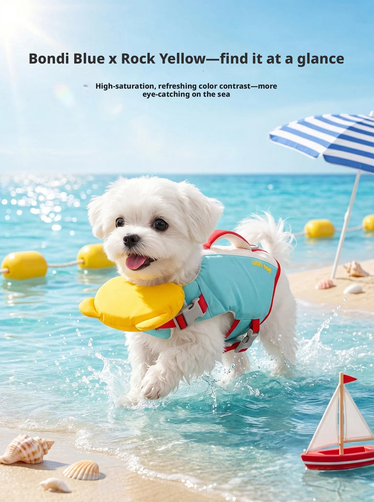 A small white dog wearing a light blue and red life vest swims in a sunny beach ocean scene, holding a yellow float. The background includes a blue-and-white striped beach umbrella, seashells, sand, and a small sailboat.