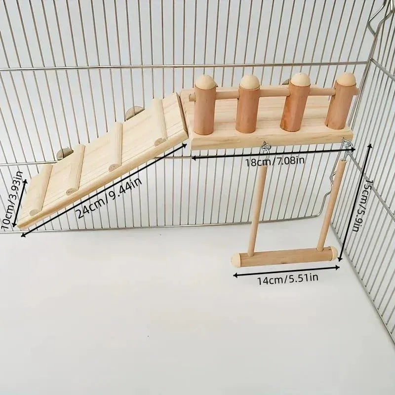 Wooden bird perch and swing with measurements inside a birdcage.