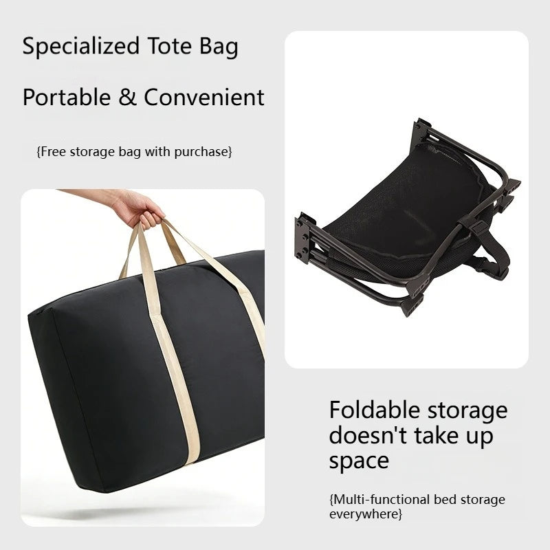 Black handbag with beige straps and a folded black bed on a white background, with text describing the product's features.
