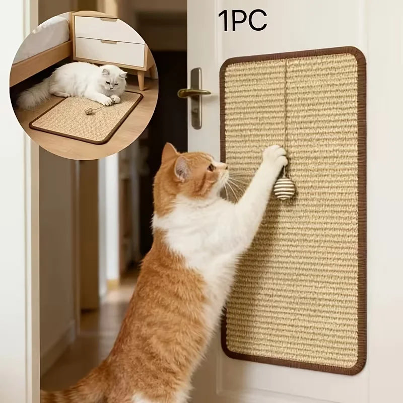 Cat using a scratching pad on a door with a close-up inset showing a cat on a similar pad.