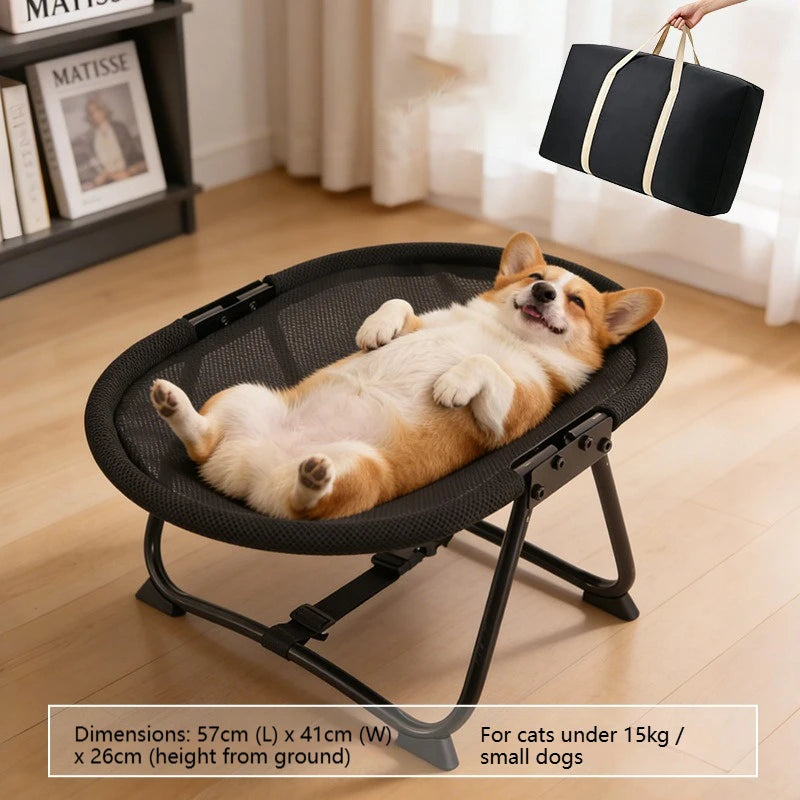 Dog lying on a portable pet bed with dimensions displayed