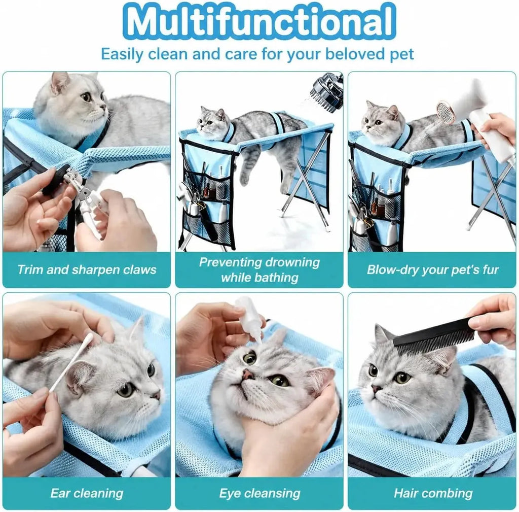 A 6-panel infographic demonstrating a light blue mesh pet hammock with its accessories. The top panel shows a gray cat sitting in the hammock, and the bottom panel shows six panels demonstrating how to use the included tools (claw trimmer, bath holder, fur blower, ear cleaner, eye cleaner, and hair comb) on the cat.