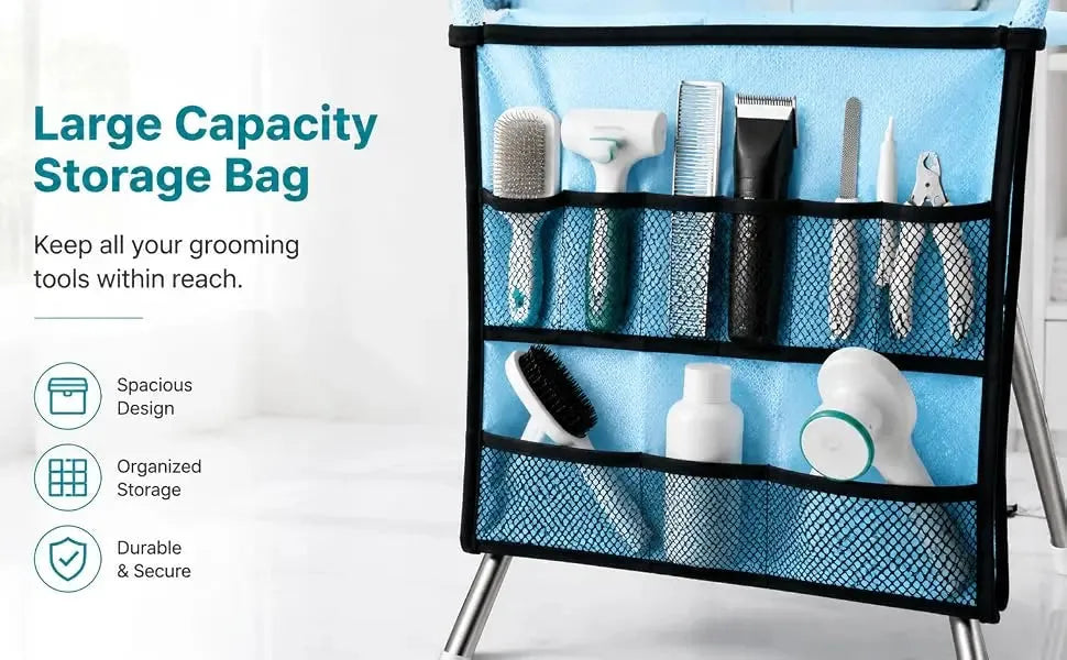 A large capacity grooming tool storage bag with multiple mesh pockets holding brushes, clippers, and grooming accessories, shown on a stand against a light background with marketing text on the left.