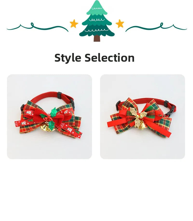 A product selection graphic showing two Christmas-themed pet collars on a white background under the heading 'Style Selection.' The left collar has a red base with a red-and-green plaid bow and small green/red leaf accents.