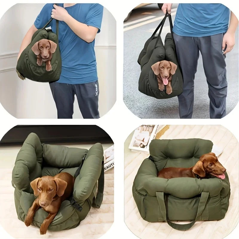 Collage of a dog in a green pet carrier being carried and used as a bed.