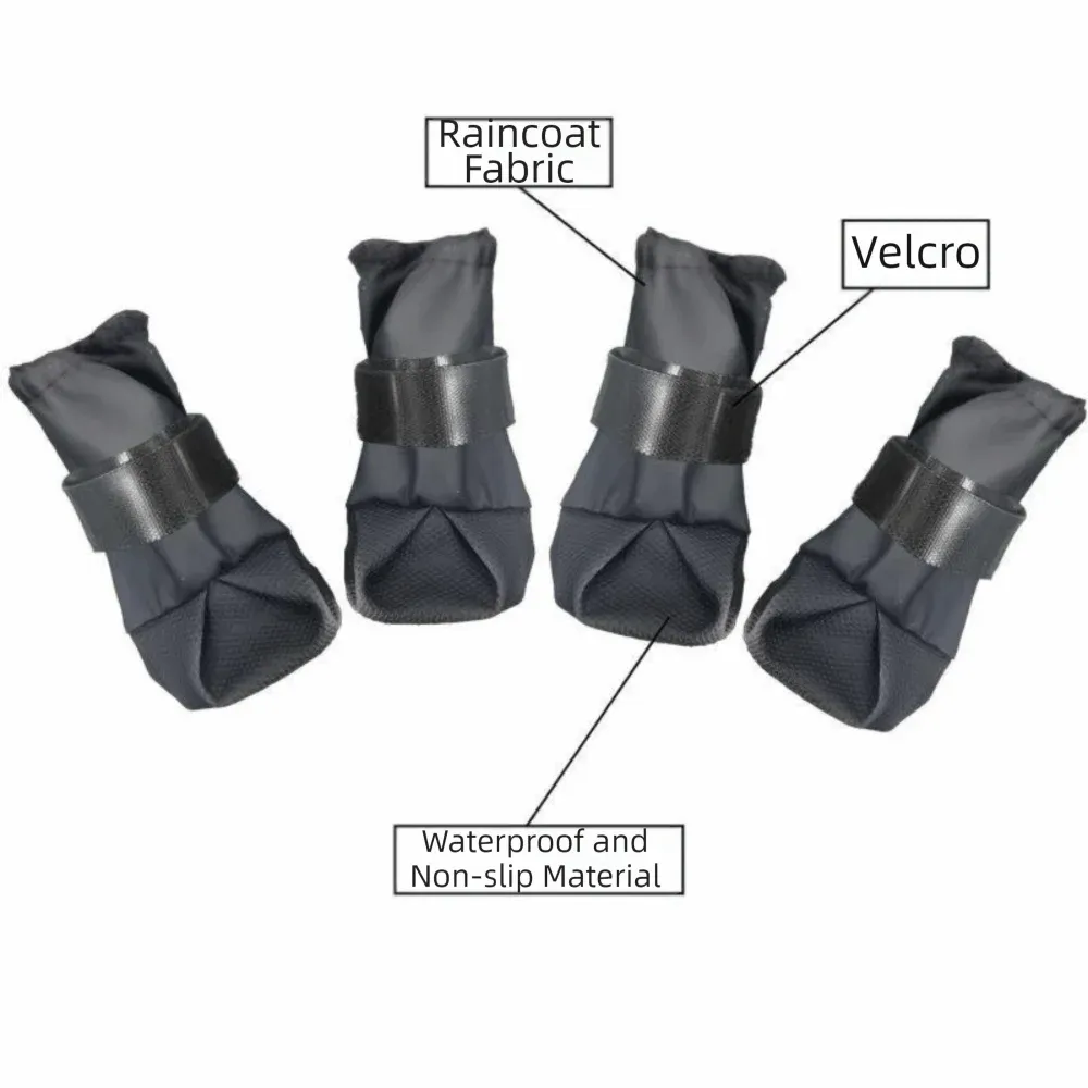 Four gray dog booties with black Velcro straps on a white background, with text labels pointing to raincoat fabric, Velcro, and waterproof and non-slip material.