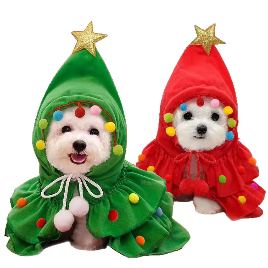Festive Christmas Tree Hooded Cape for Pets – Cosplay Xmas Tree Shawl Costume for Cats, Small Dogs & Puppies, Holiday Pet Clothing