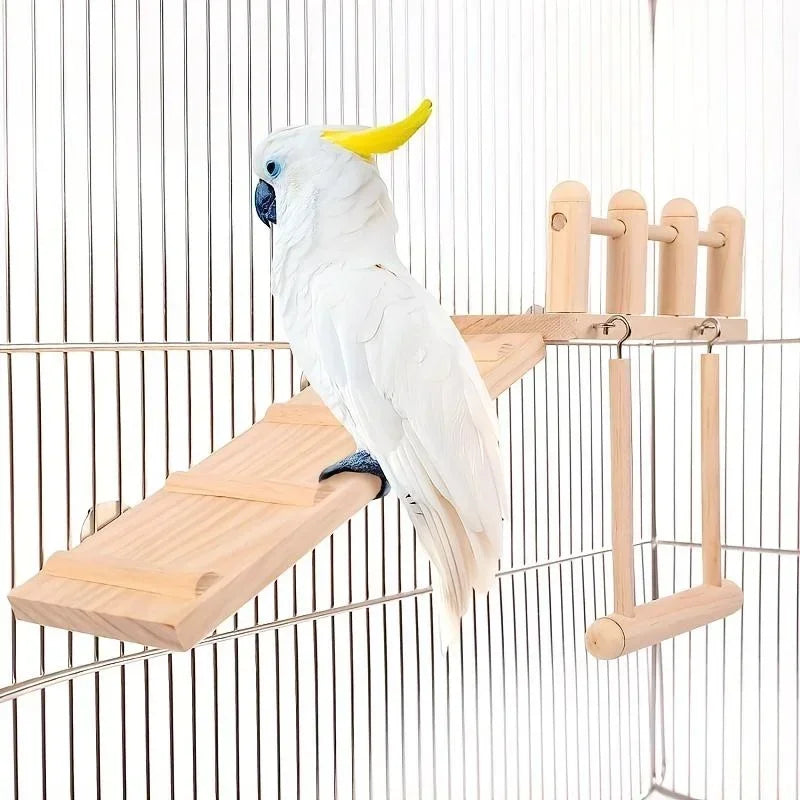 White parrot perched on a wooden bird perch inside a cage.