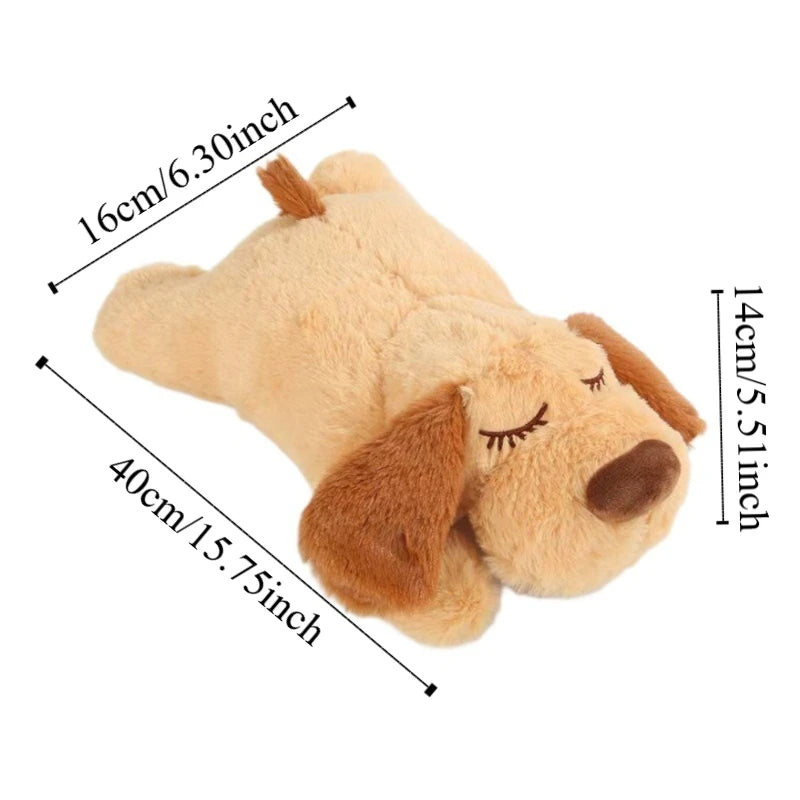 Plush dog toy with measurements on a white background