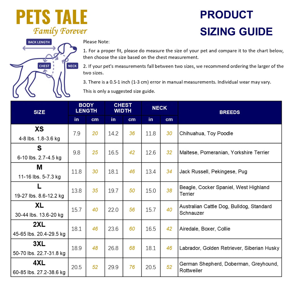 Product sizing guide for Pets Tale dog products with measurements and breed recommendations.