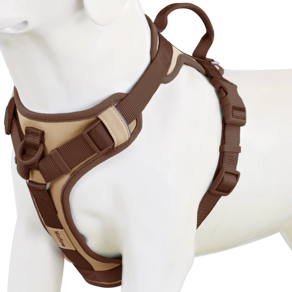 Brown and beige dog harness on a mannequin