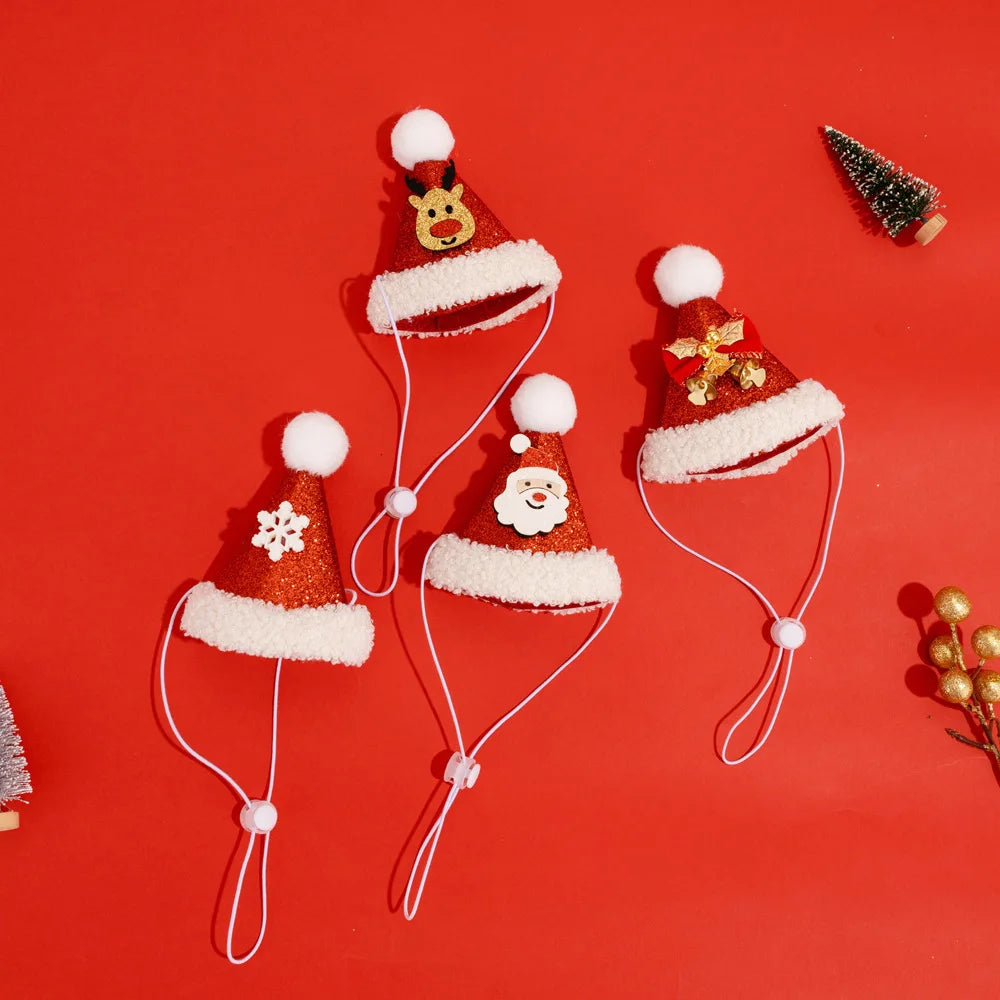 Four festive red Santa hat face masks with white faux fur trim and white ear loops, arranged on a bright red background with small holiday decorations.