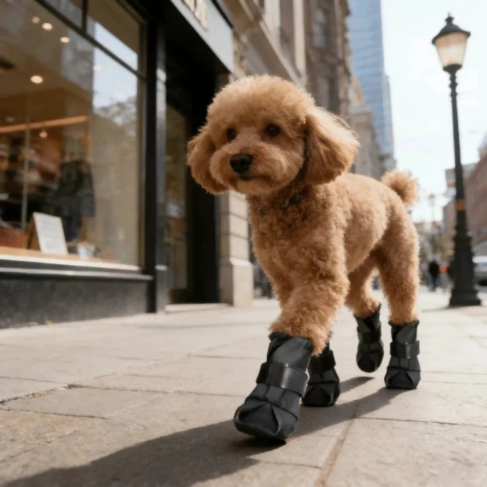 A fluffy light brown poodle walking on a city sidewalk, wearing black protective booties on all four paws. The background shows a blurred urban street scene with buildings and a street lamp.