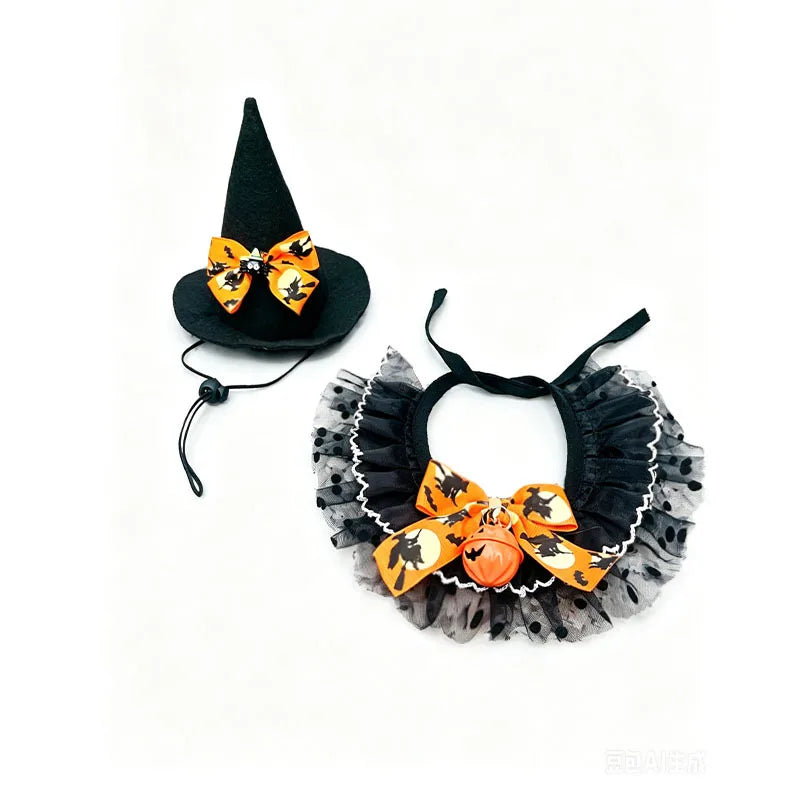 Halloween Pet Costume Set – Witch Hat & Bandana Scarf for Cats & Small Dogs, Cute Cosplay Outfit for Parties & Photos