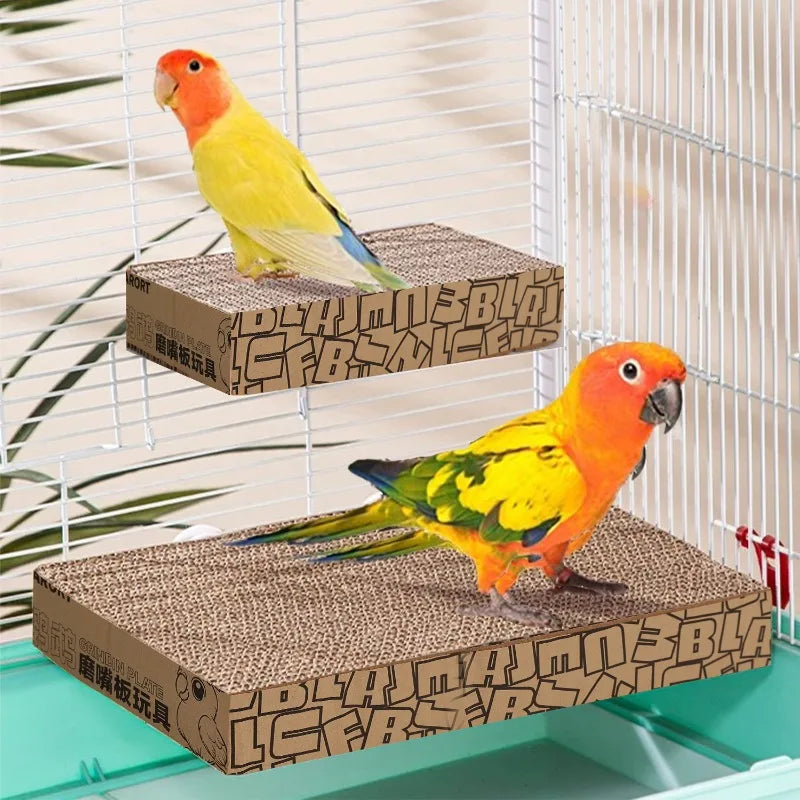 Two colorful parrots on cardboard platforms inside a birdcage.