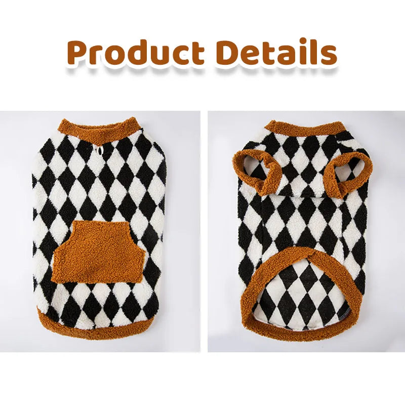 Black and white checkered dog sweater with brown accents on a white background