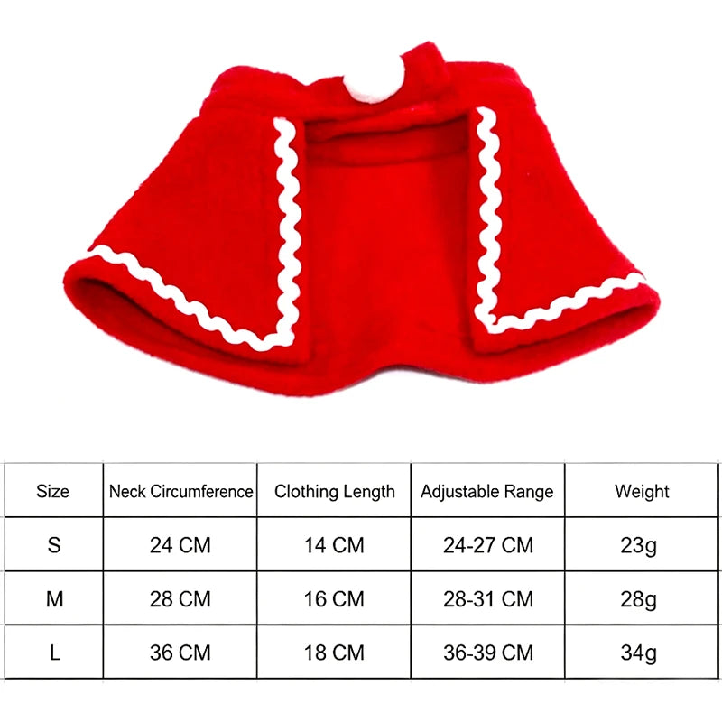 Red pet cape with white wavy trim, shown above a size chart table listing neck circumference, clothing length, adjustable range, weight, and sizes S/M/L.