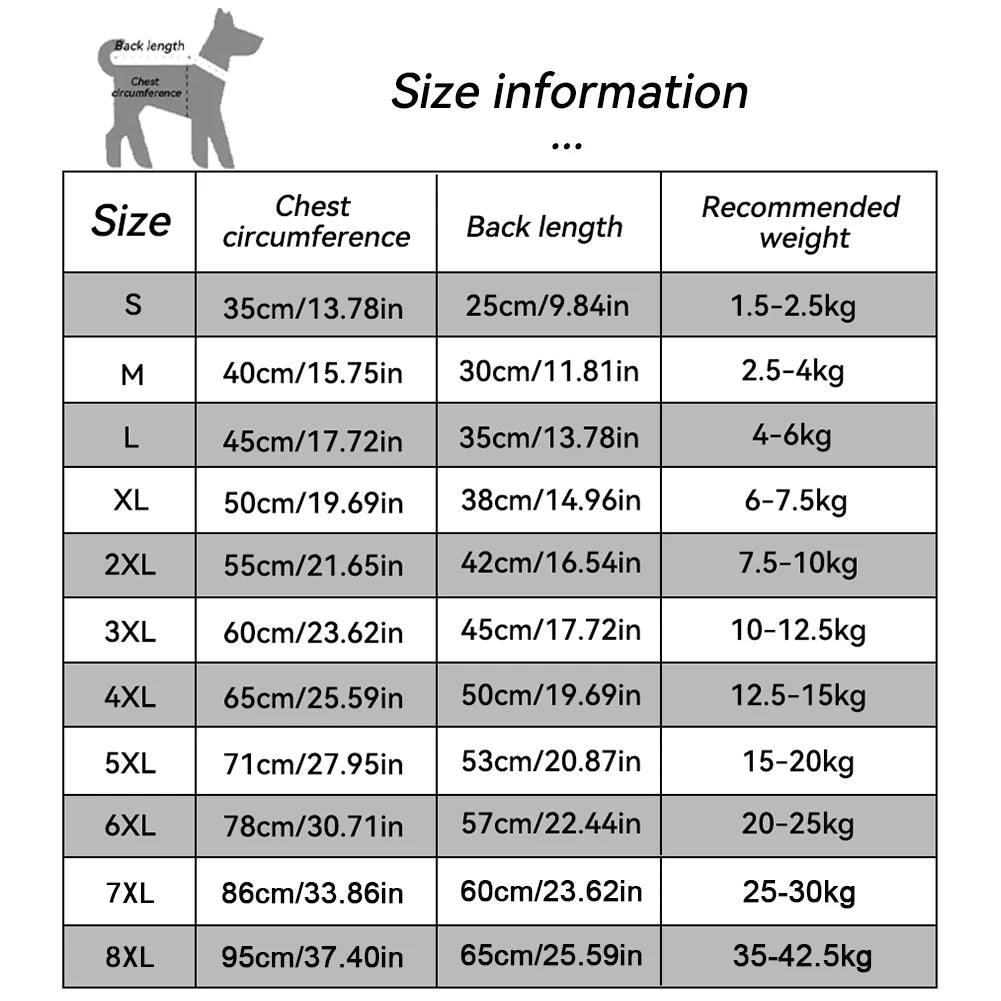 Size chart for dog coats with chest circumference, back length, and recommended weight for various sizes.