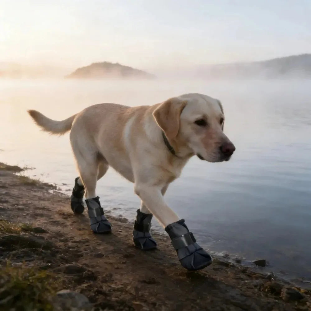 A light cream-colored Labrador retriever walking along a muddy lakeshore at sunrise, wearing dark gray protective dog boots.