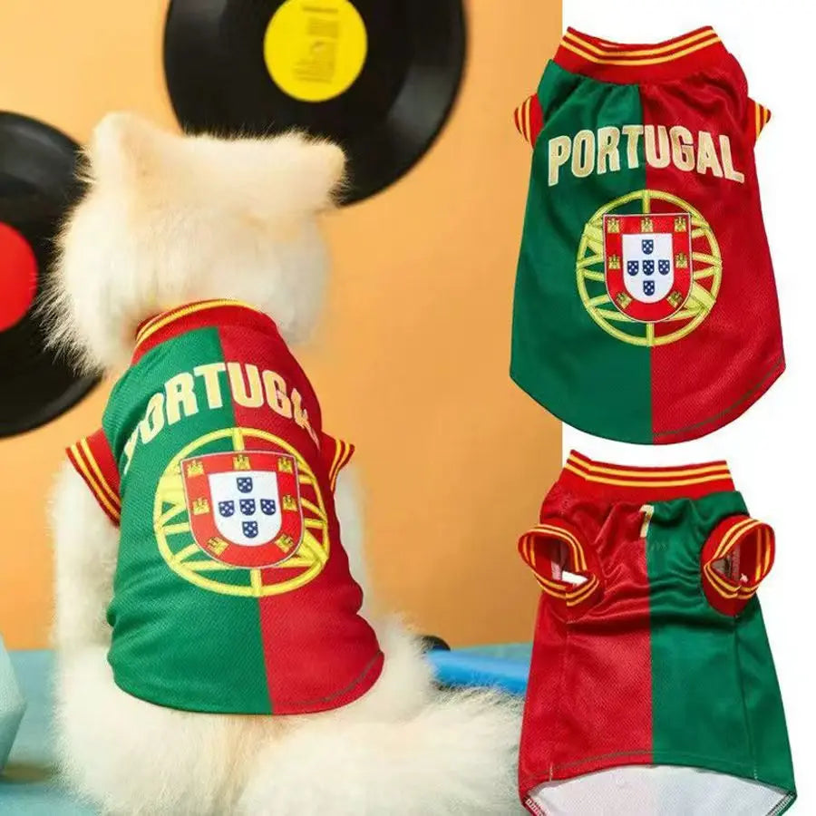 Dog wearing a Portugal-themed outfit with national emblem, vinyl records in the background.