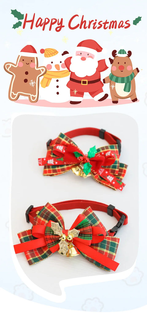 Two red pet collars with large plaid Christmas bows and small gold bells, shown on a white background with a festive 'Happy Christmas' illustration above.