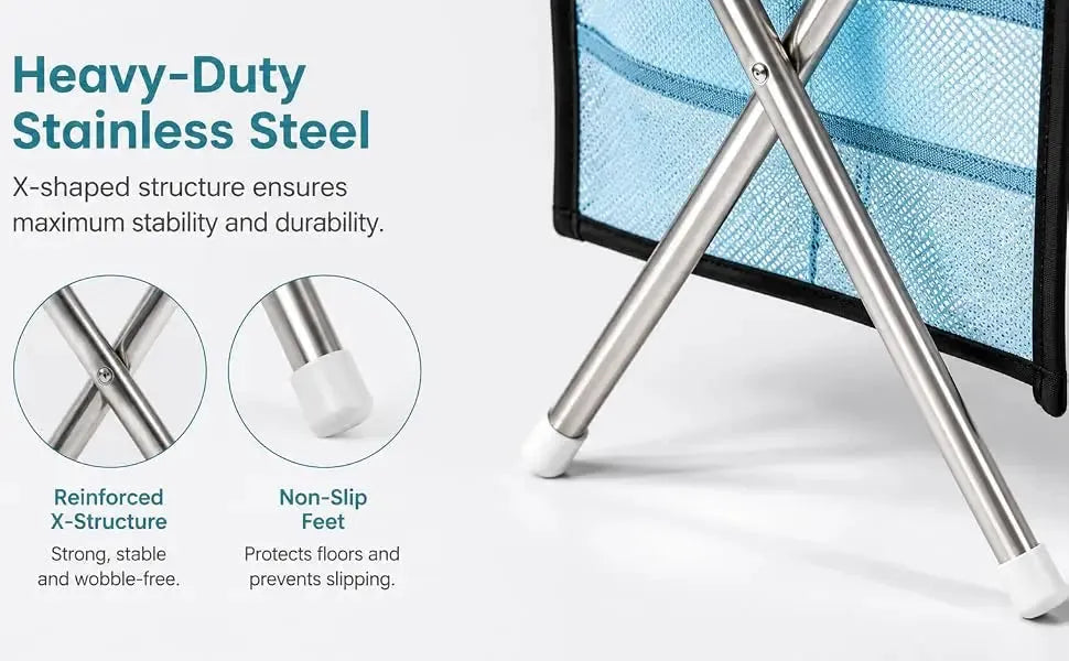 Stainless steel folding chair leg detail showing the X-shaped structure and non-slip feet, with text highlighting heavy-duty steel and circular close-up feature callouts on a light gray background.
