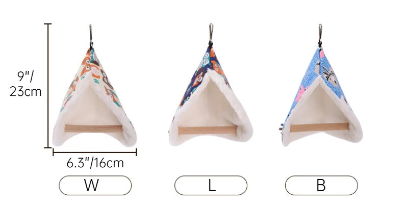 Three views of a triangular pet hammock with dimensions indicated.