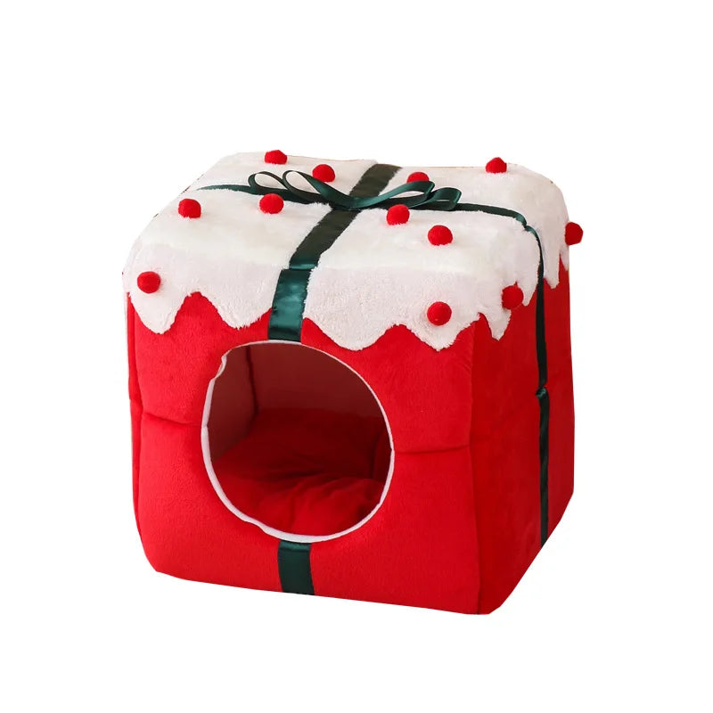 Christmas Gift Box Cat House – Winter Closed Cat Nest & Warm Sleeping Bed for Cats, Kittens & Small Dogs