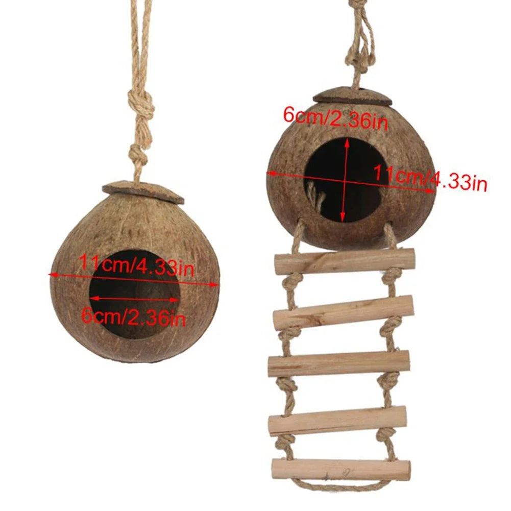 Wooden birdhouse with a ladder on a white background