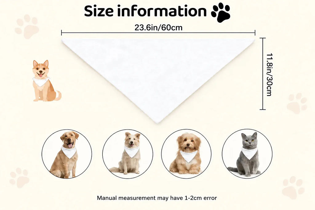 Size information graphic for a white pet bandana, showing a large triangle diagram labeled 23.6in/60cm by 11.