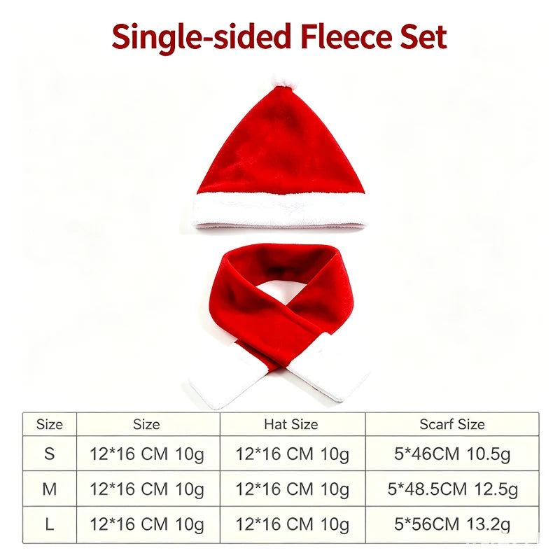 Single-sided fleece Santa hat and matching red scarf set on a white background, with a size chart table below showing measurements for S, M, and L sizes.