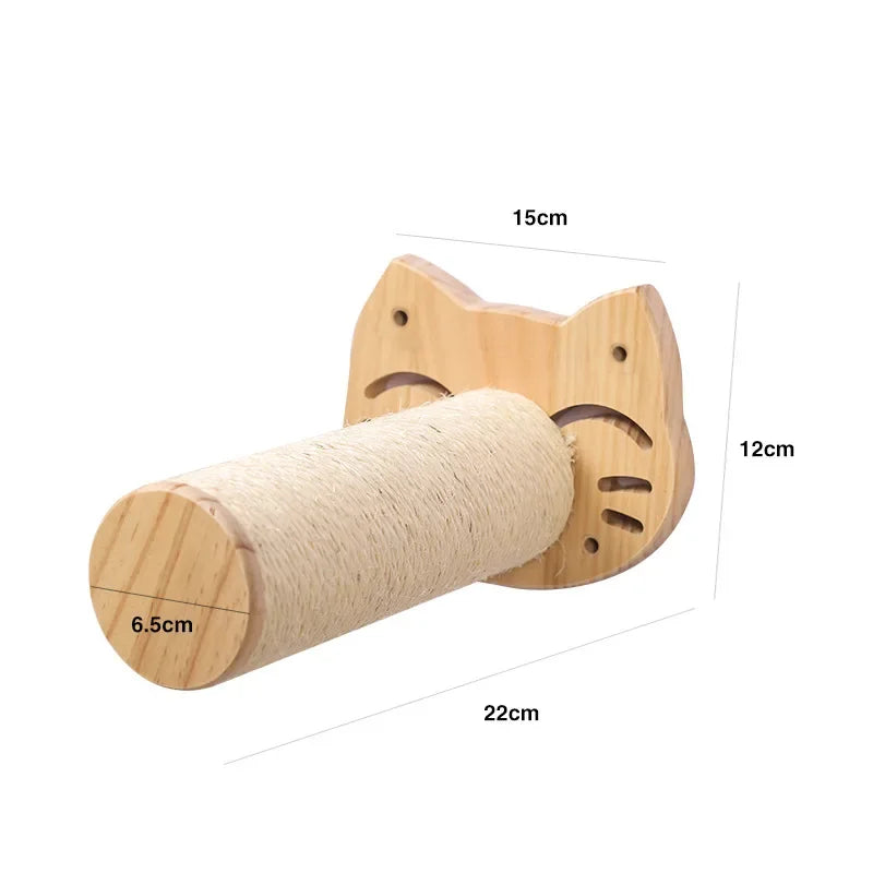 Wooden cat scratcher with dimensions on a white background