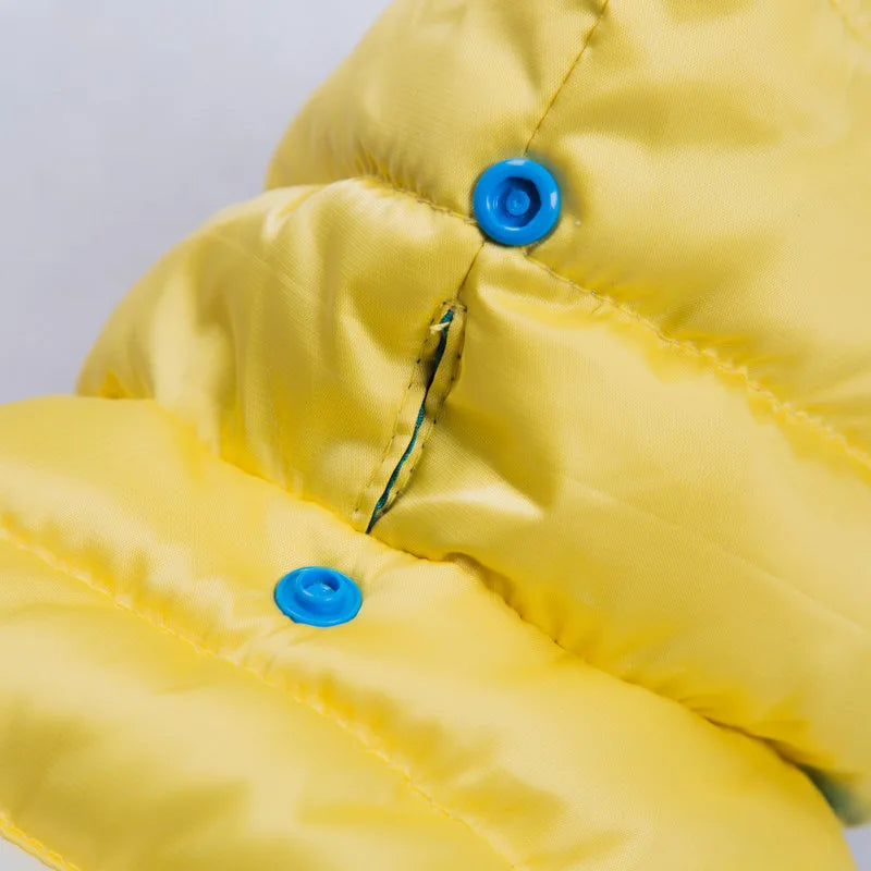 Close-up of a yellow puffer jacket with blue buttons on a light gray background
