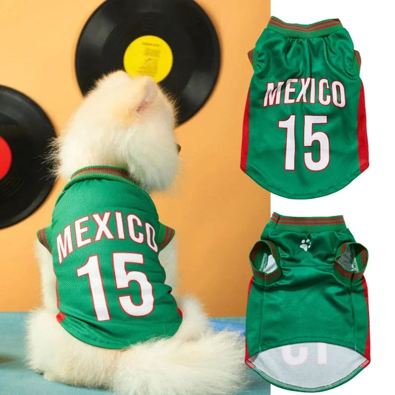 Dog wearing a green 'Mexico 15' jersey with additional views of the jersey on a yellow background.
