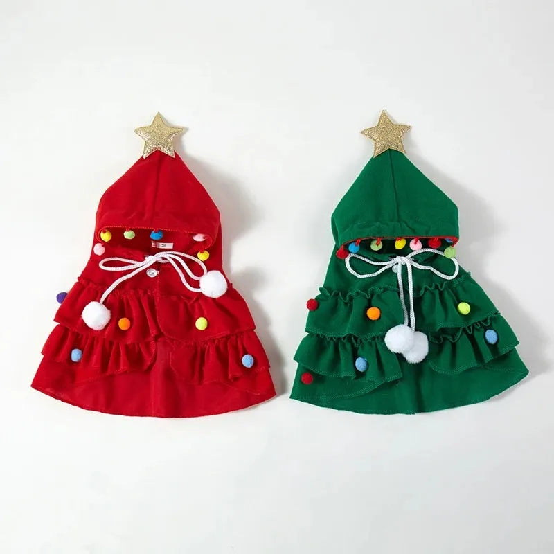 Festive Christmas Tree Hooded Cape for Pets – Cosplay Xmas Tree Shawl Costume for Cats, Small Dogs & Puppies, Holiday Pet Clothing