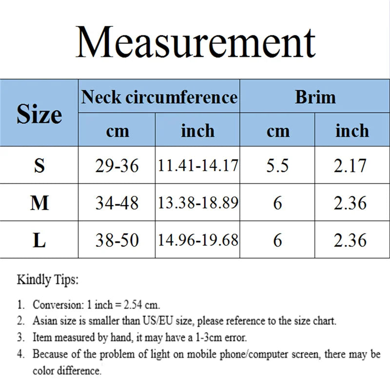 Measurement chart for neck circumference and brim size with conversion tips.
