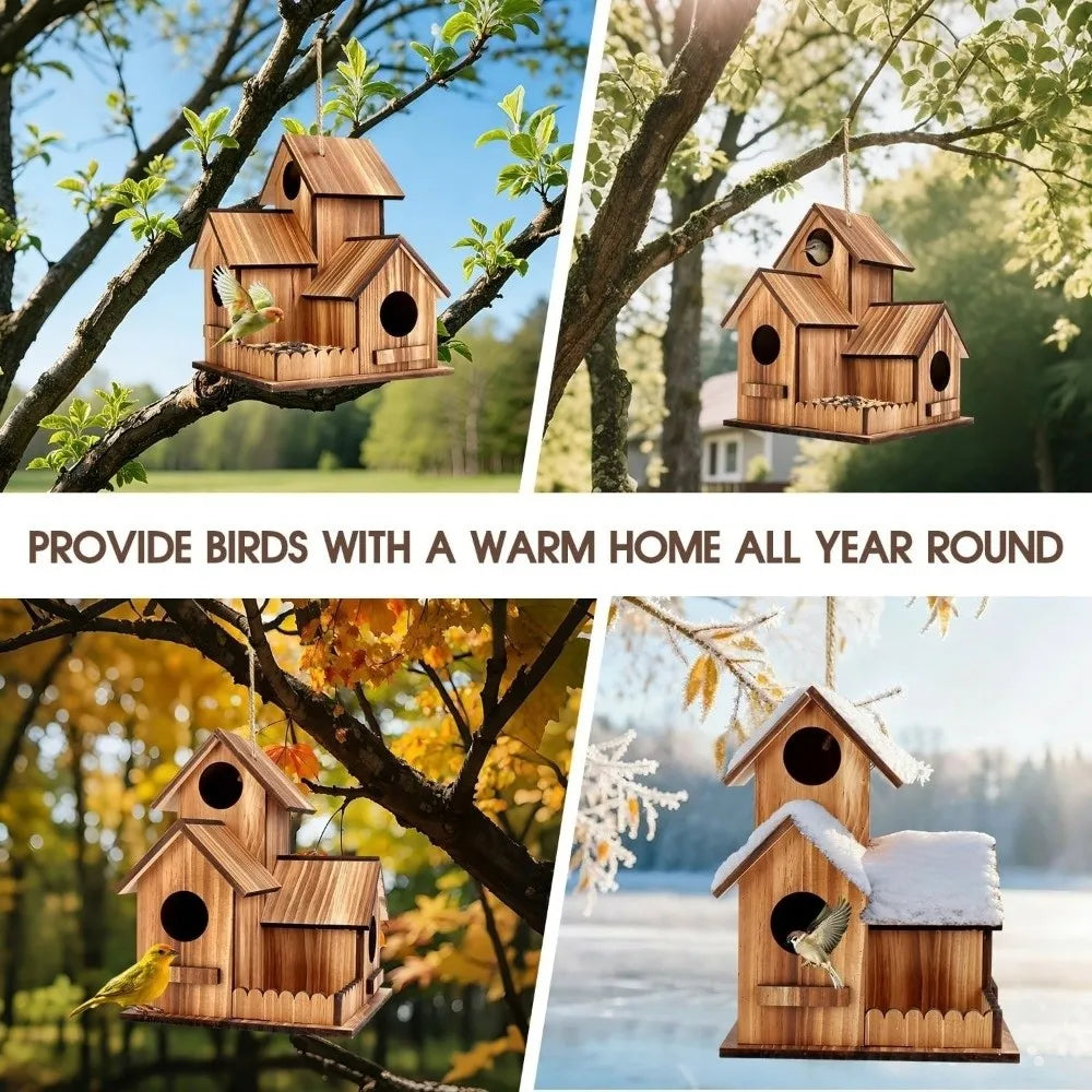 Wooden birdhouse hanging on a tree branch with text 'Provide birds with a warm home all year round'.