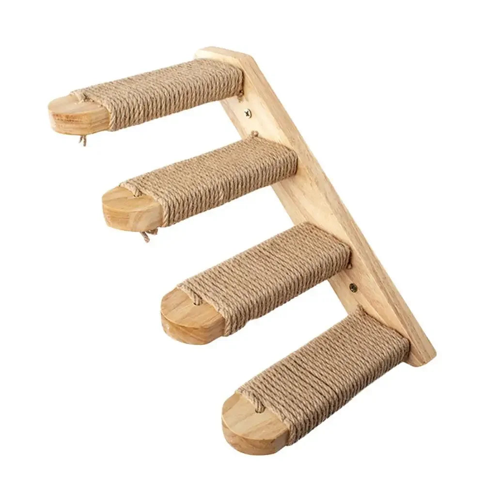 Wooden cat climbing shelf with sisal-wrapped steps on a white background