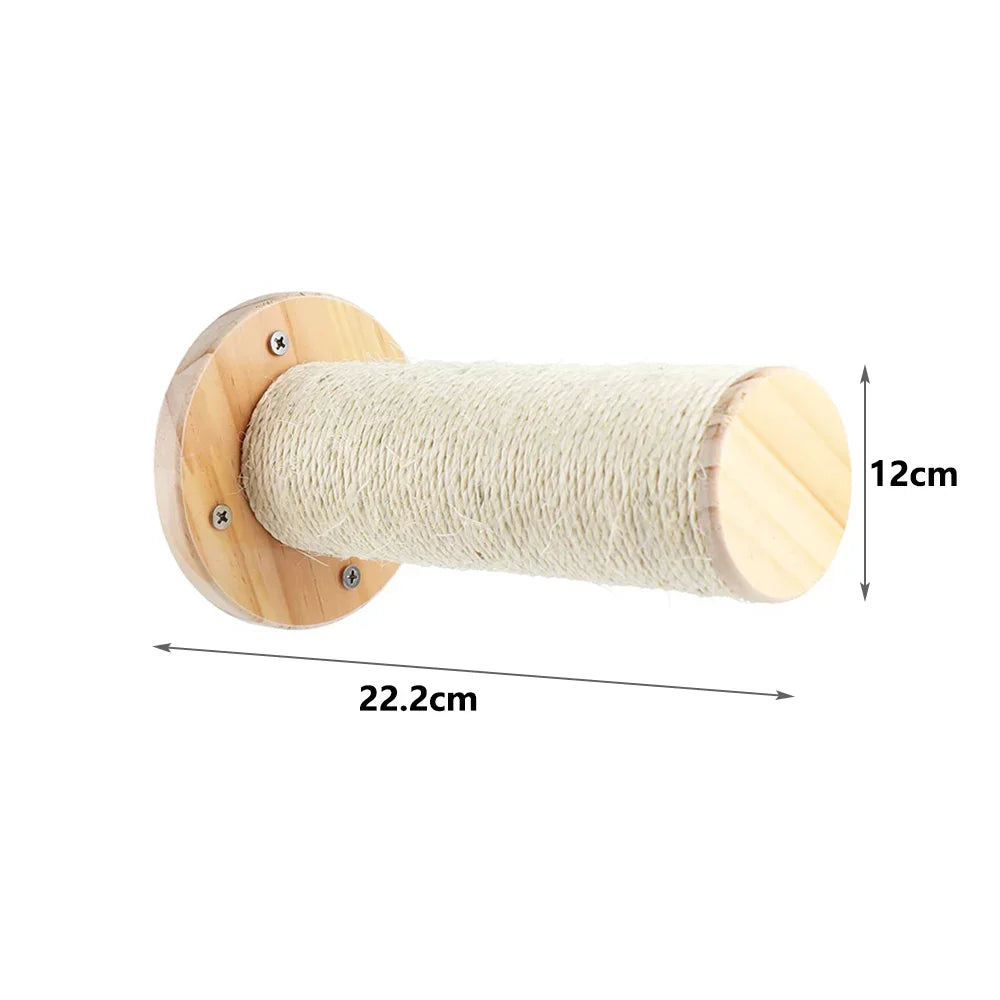 Wooden cat scratcher with dimensions labeled on a white background