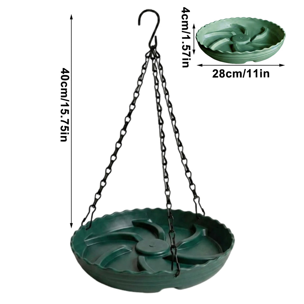 Green hanging planter tray with a spiral-shaped interior, suspended by black chains from a hook, shown on a white background with dimension labels indicating 40cm height and 28cm width.
