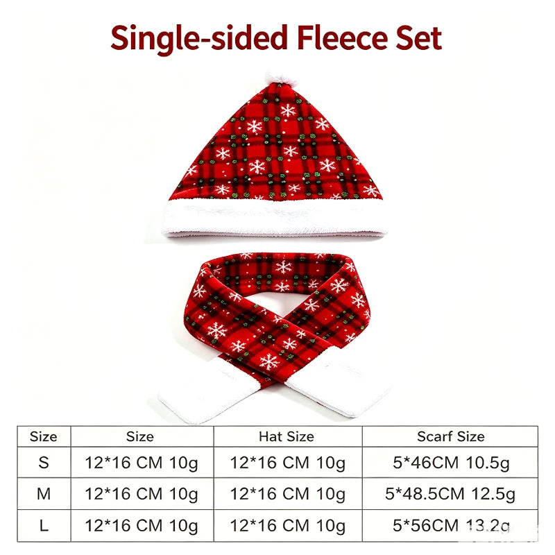 Single-sided fleece set featuring a red and black plaid hat with white snowflakes and a matching red and black plaid scarf with white snowflakes, shown above a size chart table.