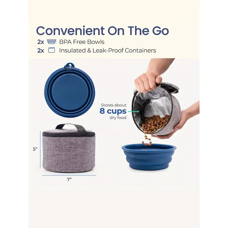 Collapsible pet bowls with carrying case and text highlighting features on a white background