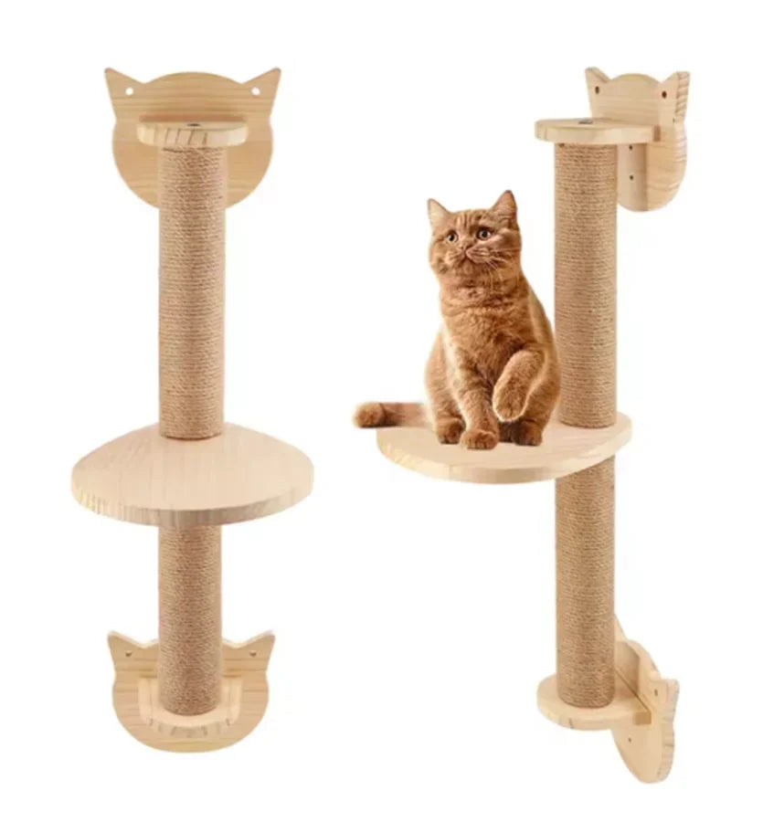 Cat sitting on a wooden cat tree with two scratching posts.