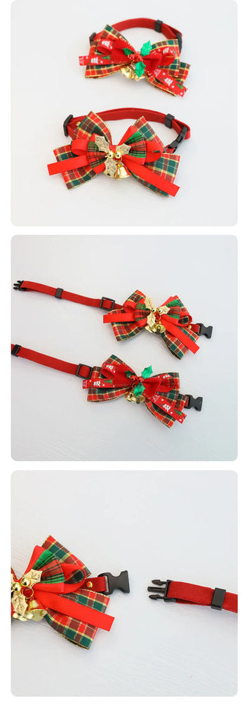 Three-panel product photo showing a red holiday-themed accessory set on a light gray background. The set includes a red strap with a large red plaid bow, a matching red plaid headband, and a close-up of the strap and buckle.