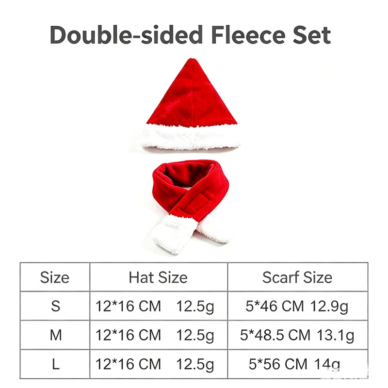 Double-sided fleece set featuring a red Santa hat with white faux fur trim and a matching red and white fuzzy scarf, shown above a size and weight comparison table.